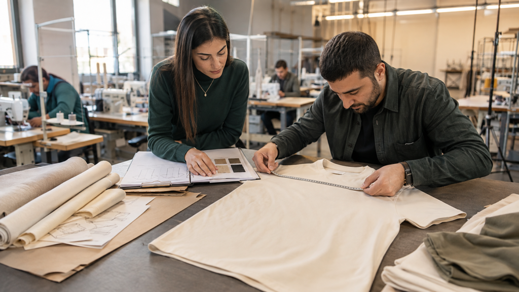 Aratex clothing production team reviewing a custom garment sample