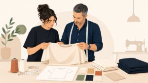 clothing brand founder reviewing a T-shirt sample with a manufacturer