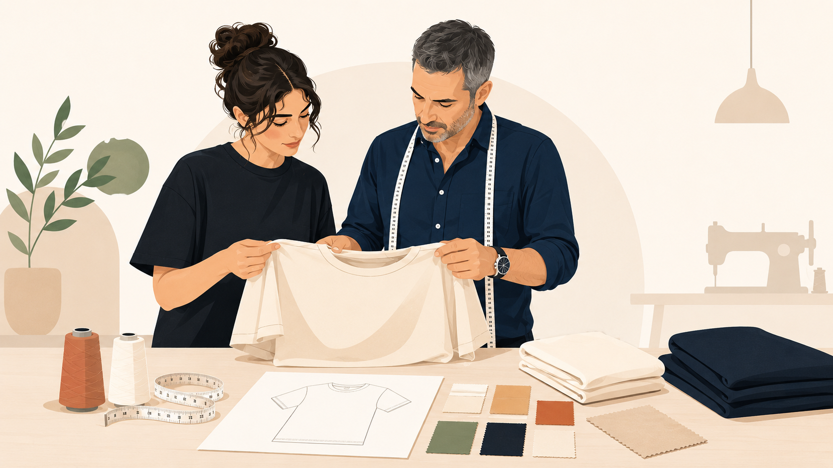 clothing brand founder reviewing a T-shirt sample with a manufacturer