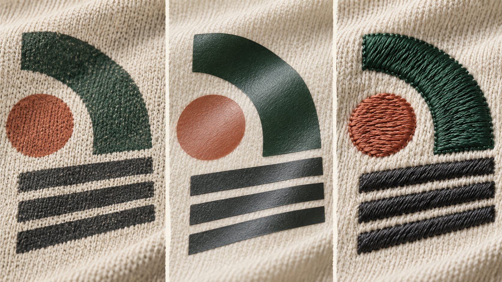 comparison of screen print DTF transfer and embroidery textures on fabric
